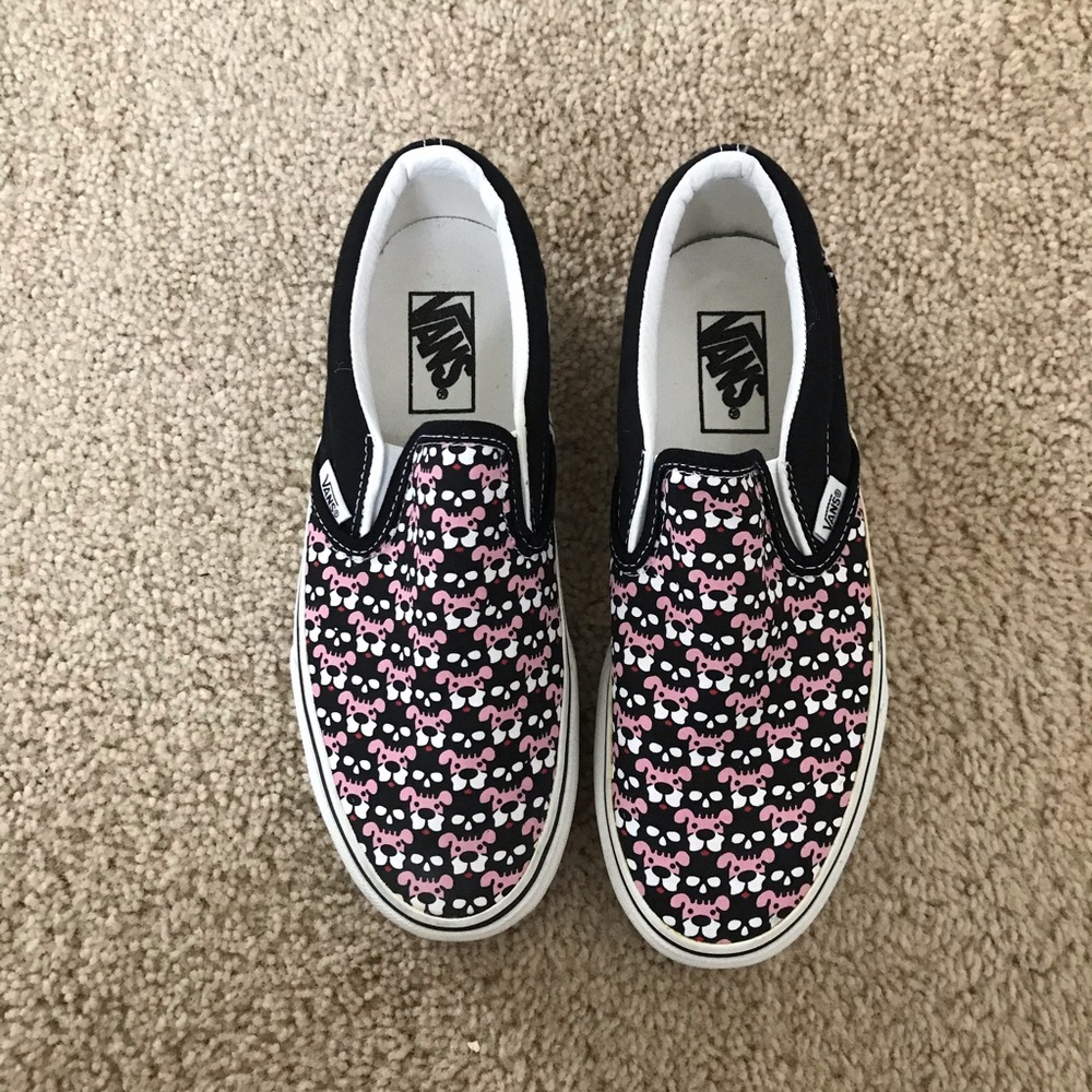 Skull/Puppies Black and Pink Slip on Vans